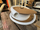 New 1 inch ID heavy-duty marine sanitation hose, 50-foot roll on its cardboard spool, with hose end visible.