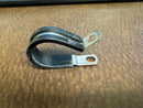 Side view of a single new 1 inch stainless steel Loop (Adel) clamp with black EPDM cushion.