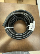 New 50-foot roll of 1/2 inch ID black silicone water hose, top view with a visible product tag confirming specifications.