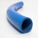Example of reinforced hose internal structure, shown with a section of blue hose, illustrating the braiding for strength.