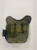 Back view of a used US Military canvas canteen cover, showing attachment points.