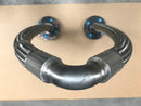 New U-shaped braided stainless steel hose assembly, showing its overall form and both mounting brackets from a front-top view.