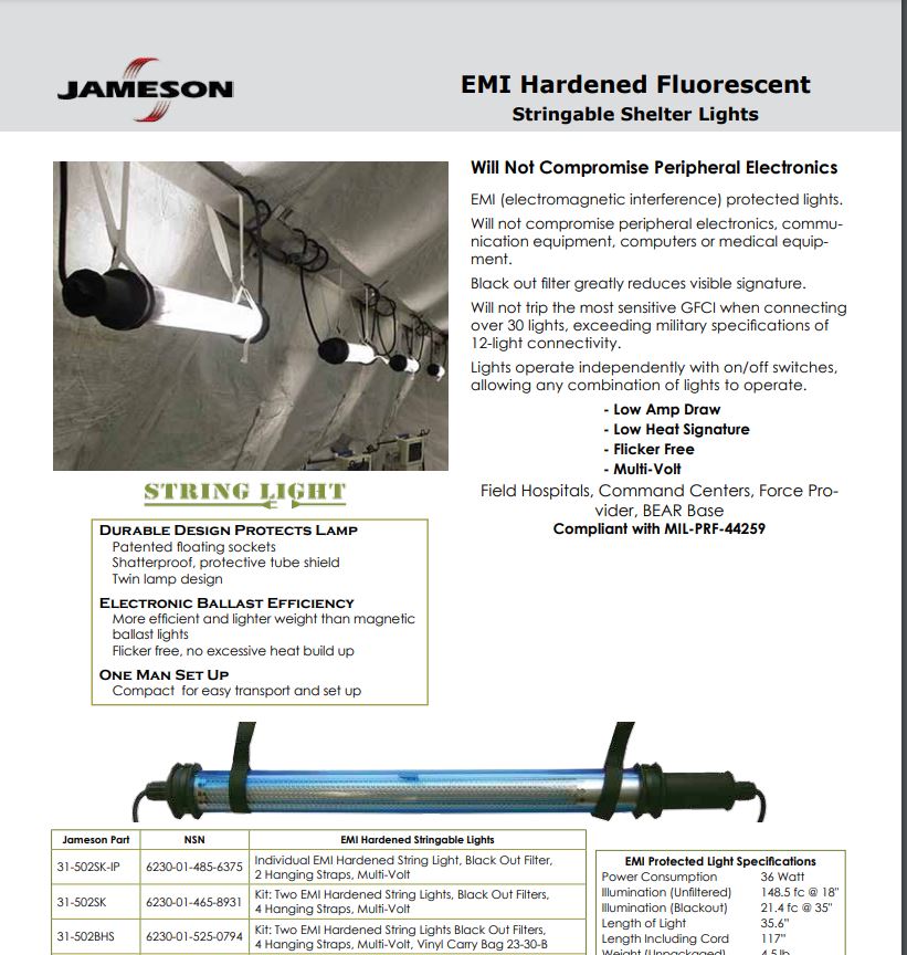 Stringable Lights Jameson EMI Hardened Shop Light Kit | MIL-SPEC | 50W (Pair) | Boyer Surplus